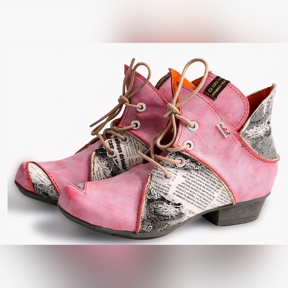 TMA EYES Shoes - TMA EYES Lace Up Newspaper Print Leather Ankle Boots #585